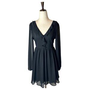 Express Black‎ Ruffle V Neck Long Sheer Sleeve Fit And Flare Mini Dress Size 2